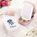 Personalizado Retro Gemstone Birth Flower PU Caja de joyería de cuero con nombre y ajustable de tres colores LED Espejo Regalo de cumpleaños para las mujeres