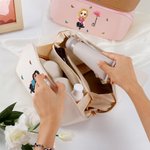 Personalized Birth Flower 3D Cartoon Girl PU Leather Portable Wide Open Makeup Bag with Name Travel Accessories Birthday Gift for Women