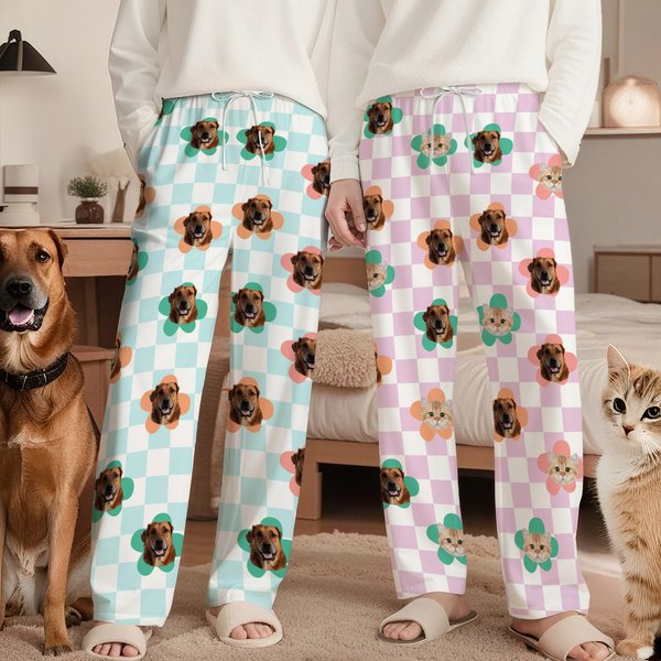 Personalized Multicolour Plaid 1-4 Pet Face Photos Women Men Pajama Pants Party Birthday Gift for Pet Owners Lovers