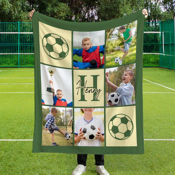 Personlig Ball Sports 9-Grid Photos Multicolor Soft Throw Blanket med navn og initialer Julebursdagsgave til idrettsutøvere Sportselskere