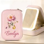 Personalised Retro Gemstone Birth Flower PU Leather Jewellery Box with Name and Adjustable Three-Colour LED Mirror Birthday Gift for Women