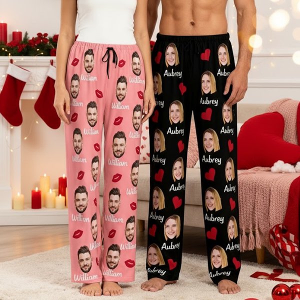 Foto personalizzata Bacio Cuore Pantaloni Pigiama lunghi con nome e coulisse Regalo di Natale Compleanno per Bambini Donne Uomini Amanti degli animali domestici