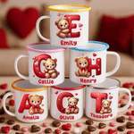 Personalised Cute Romantic Heart Cartoon Bear Initial 12 oz Enamel Mug with Name Home Decor Valentine's Day Birthday Gift for Kids Family