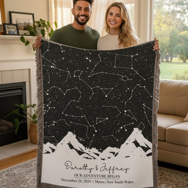 Personalised Star Map Moon Phase Soft Throw Blanket with Name Title Date and Location Home Decor Valentine's Day Wedding Anniversary Gift for Couple