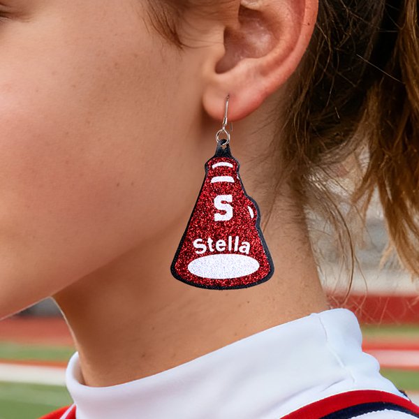 Gepersonaliseerde Glitter Cheer Megafoon Kunstleer Oorbellen met Naam en Voorletter Verjaardag Team Gift voor Cheerleading Enthousiastelingen