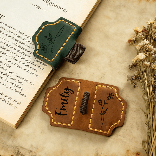 Personalized Engraved Birth Flower Leather Bookmark Clip with Name and Pen Holder Daily Use Office Birthday Gift for Family Friend Bookworm