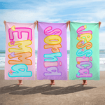 Asciugamano da spiaggia personalizzato carino e luminoso con nome, ad asciugatura rapida, morbido e sovradimensionato, regalo di compleanno per bambini e donne.