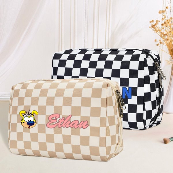 Gepersonaliseerd Cartoon Schattig Marsupilami Checkerboard Makeup Tasje met Naam Verjaardagscadeau voor Vrouwen | Callie × Marsupilami®