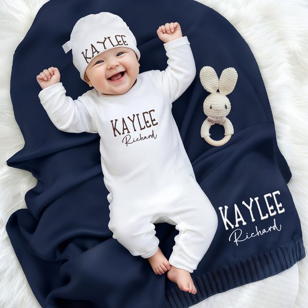 Personalized 100% Cotton Soft Baby Romper Hat Blanket with Embroidered Name Baby Shower Gift for Newborns New Parents