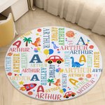 Personalised Cute Pink Fantasy Unicorn Rocket Dinosaur Word Cloud Round Mat with Initial and Name Room Decor Birthday Gift for Kids