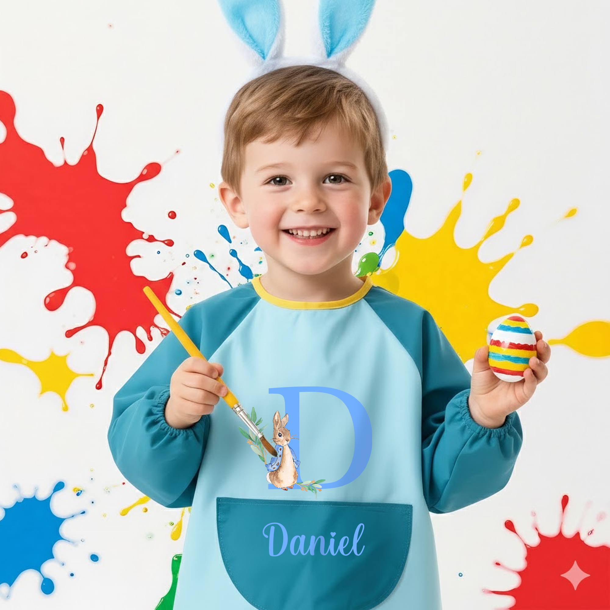 Personalisierte niedliche Peter Rabbit wasserdicht lange Ärmel Kind Schürze mit Initiale und Name Kochen Malerei Handwerk Aktivitäten Ostern Geschenk für Kinder