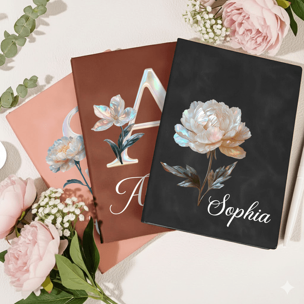 Cahier de notes en cuir PU avec nom, personnalisé, naissance, fleur, initiale A5 A6 Cadeau d'anniversaire pour les rats de bibliothèque amoureux des livres