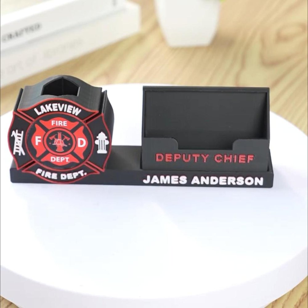 Personalized 3D Printed Firefighter Pen Business Card Holder with Name and Logo Office Desk Decor Appreciation Birthday Gift for Firefighter 2