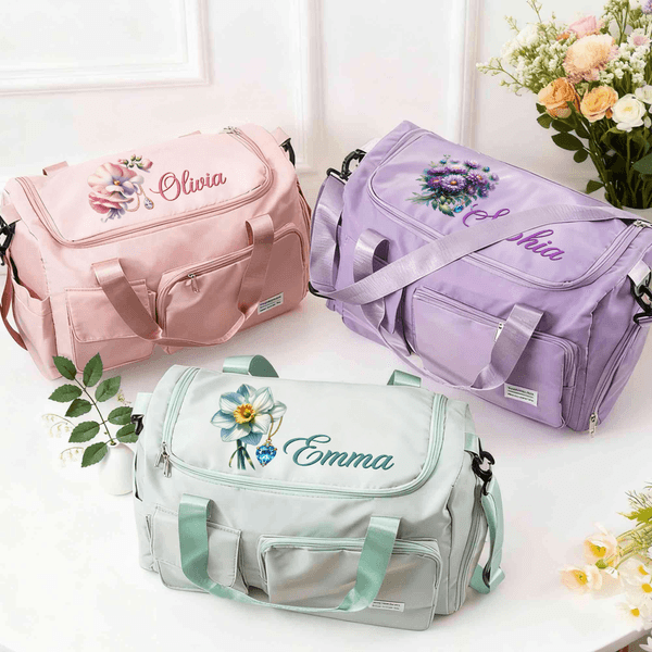 Personalized Gemstone Birth Flower Name Multi-Compartment Waterproof Weekend Bag with Shoulder Strap Travel Accessories Birthday Gift for Women Girls