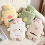 Personalized Cute Animal Name 25 oz Hot Water Bottle with Fluffy Cover Home Warmth Travel Birthday Christmas Gift for Kids Friends