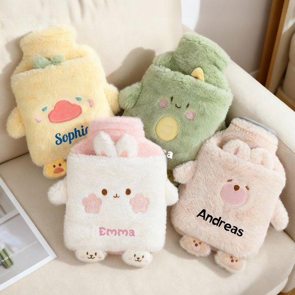 Personalised Cute Animal Name 25 oz Hot Water Bottle with Fluffy Cover Home Warmth Travel Birthday Christmas Gift for Kids Friends