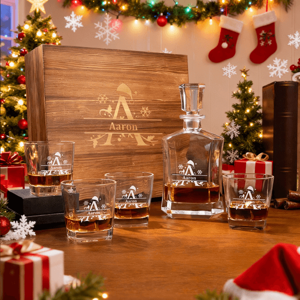 Personalised Christmas Theme Whiskey Decanter with Name and Initial Christmas Gift for Men Whiskey Lovers
