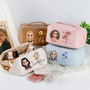 Trousse de Maquillage en Cuir PU Personnalisée avec Personnage de Dessin Animé Fleur de Naissance et Nom Accessoire de Voyage Cadeau pour Femme