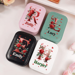 Personalised Red Rose Initial PU Leather Jewellery Box with Name and Adjustable Three-Colour LED Mirror Birthday Gift for Women