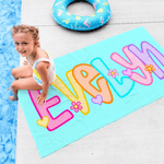 Asciugamano da spiaggia personalizzato carino e luminoso con nome, ad asciugatura rapida, morbido e sovradimensionato, regalo di compleanno per bambini e donne.