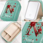 Personalised Red Rose Initial PU Leather Jewellery Box with Name and Adjustable Three-Colour LED Mirror Birthday Gift for Women