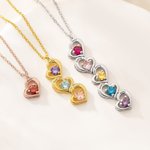 Personalised 1-5 Family Birthstone Heart Necklace Minimalist Jewellery with Engraved Names Mother's Day Anniversary Birthday Gift for Women