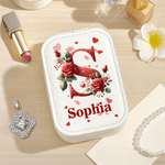 Personalised Red Rose Initial PU Leather Jewellery Box with Name and Adjustable Three-Colour LED Mirror Birthday Gift for Women