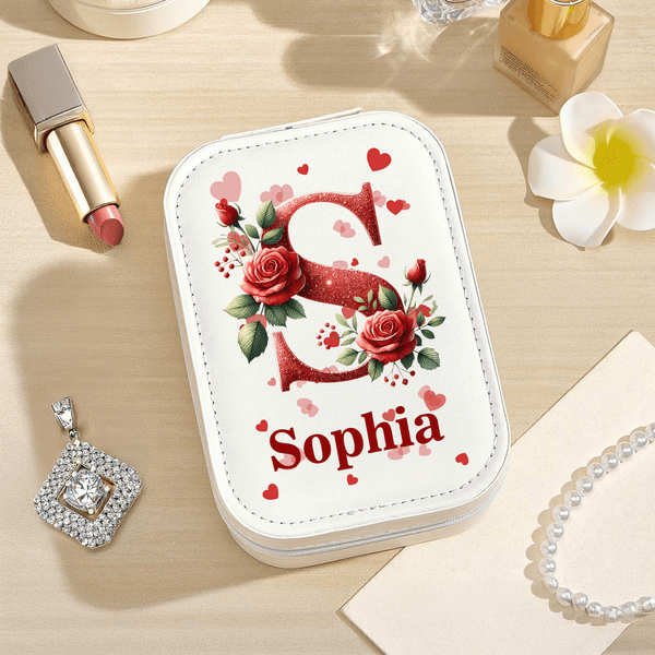 Personalised Red Rose Initial PU Leather Jewellery Box with Name and Adjustable Three-Colour LED Mirror Birthday Gift for Women