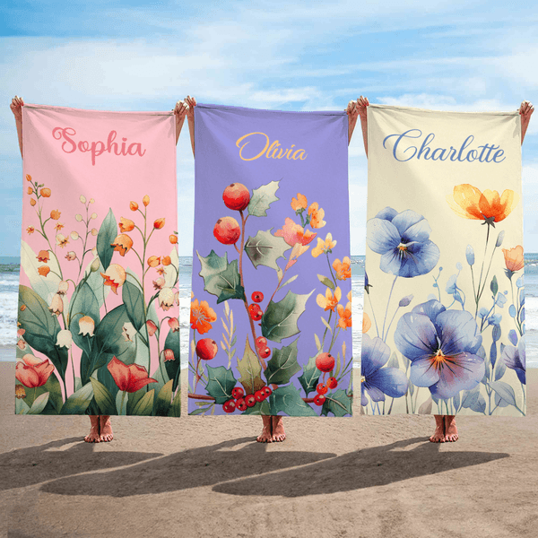 Personlig akvarell Födelseblomma Snabbtorkande mikrofiberstrandhandduk med namn Strandfest Födelsedagspresent för flickor