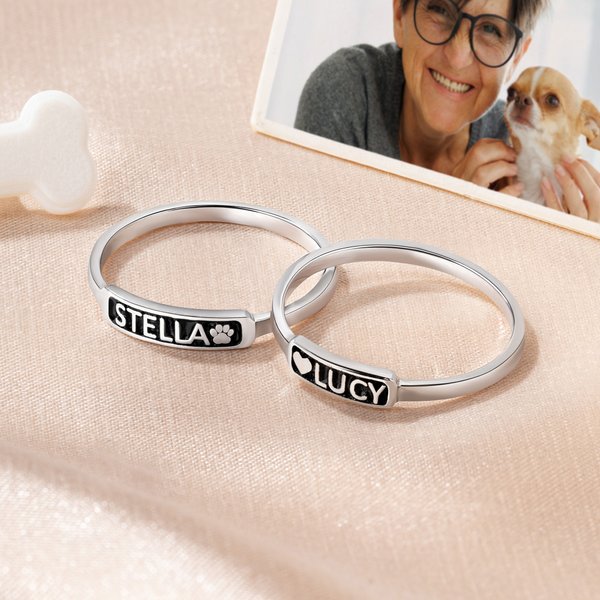 Anello d'argento con incisione personalizzata del cuore, ali d'angelo e zampa, con nome, in memoria della perdita di un animale domestico, per gli amanti degli animali.