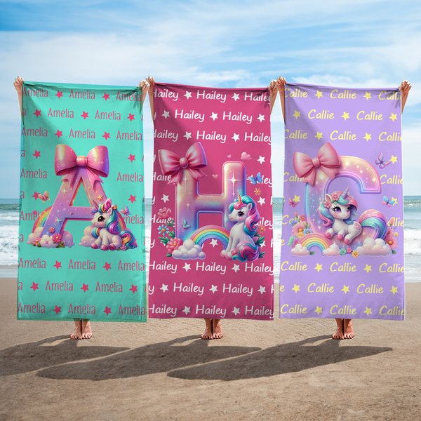 Personalised Fantasy Unicorn Initial Number Quick Dry Oversized Beach Towel with Name Beach Party Holiday Gift for Kid Family