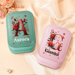 Personalised Red Rose Initial PU Leather Jewellery Box with Name and Adjustable Three-Colour LED Mirror Birthday Gift for Women