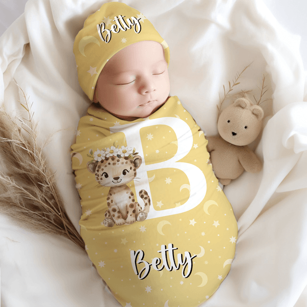 Personalised Flower Wreath Animals 100% Cotton Swaddle Blanket and Hat Set with Name Birthday Baby Shower Gift for Newborns Babies