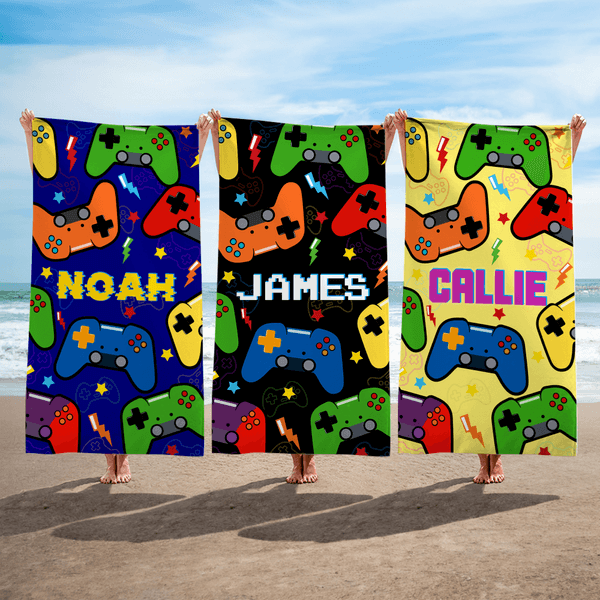 Toalla de playa de secado rápido, suave y multicolor, personalizada, con nombre, para los amantes de los videojuegos, como regalo de cumpleaños para las vacaciones de verano.