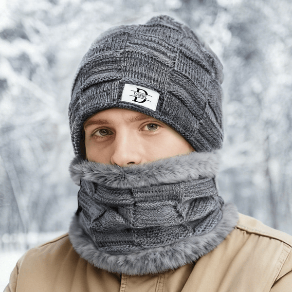 Personalized Knitted Slouchy Beanie Hat and Neck Warmer Set with Name and Initial Thick Outdoor Activity Accessory Birthday Gift for Men Women