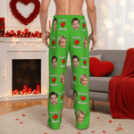 Gepersonaliseerde Heart Couples Gezichtsfoto's Lange Pyjamabroek met Naam en Koord Valentijnsdag Verjaardagscadeau voor Vrouwen Mannen Paren