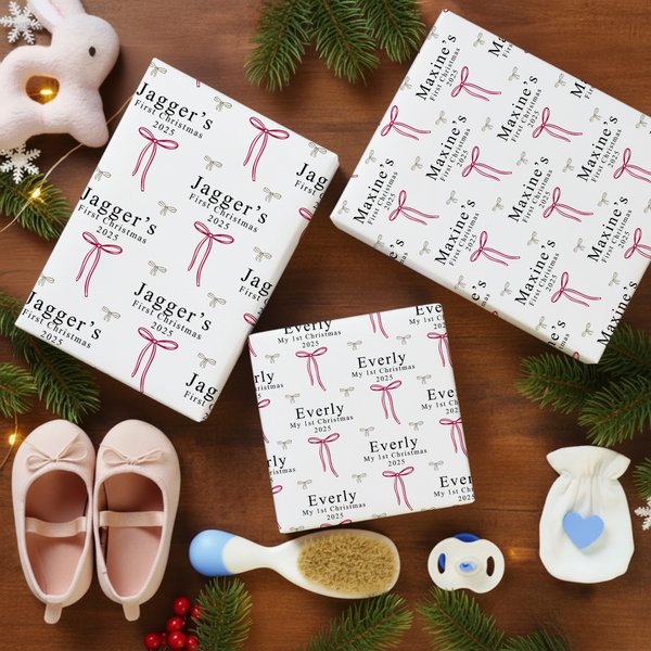 Personalized Bow Wrapping Paper Set of 3 with Name and Year and Text Baby's 1st Christmas DIY Craft Packaging Gift for New Parents