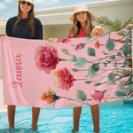 Personalisiertes Strandtuch mit Aquarell Geburtsblumen Namen sandabweisendes Badetuch Reisezubehör Urlaub Pool Geburtstag Geschenk für Damen Mädchen