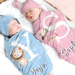 Personlig blomsterkransdyr 100% bomull Swaddle teppe og lue sett med navn bursdag baby shower gave til nyfødte babyer