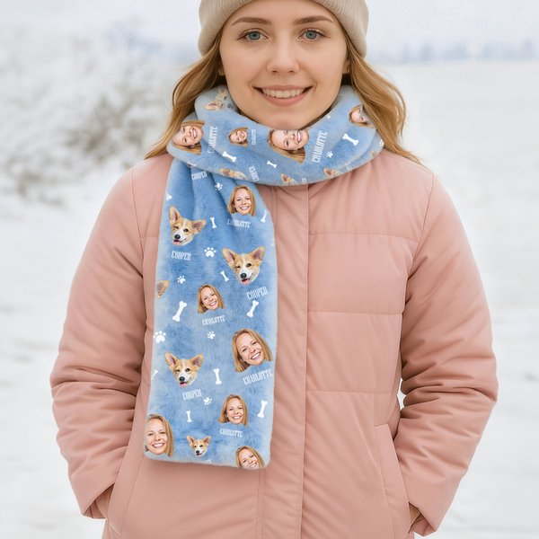 Personalized Funny Face Photo Name Multicolor Soft Warm Flannel Scarf Winter Accessories Anniversary Birthday Gift for Women Men Pet Lovers