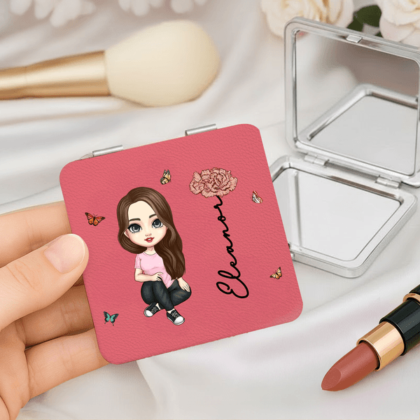 Personalized Cartoon Character Birth Flower Heart Round Square Makeup Mirror with Name Portable Birthday Wedding Party Gift for Women
