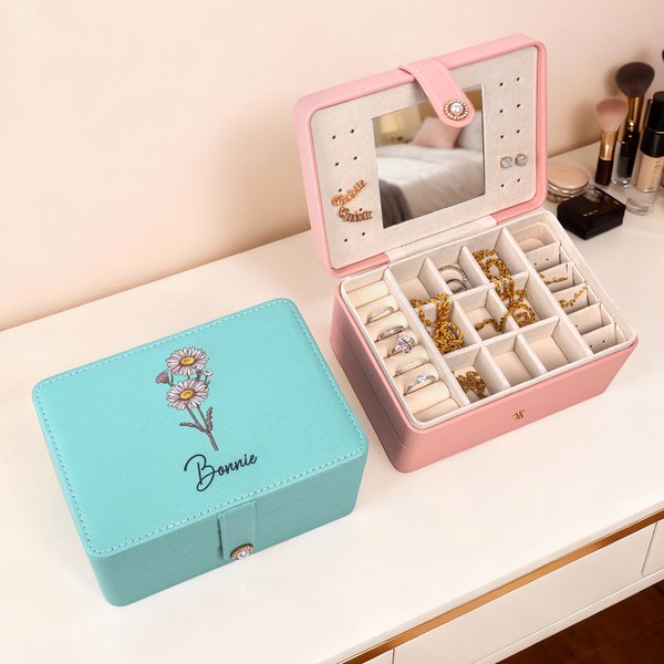 Boîte à bijoux personnalisée en cuir PU avec miroir de maquillage et nom Cadeau de Saint-Valentin pour les femmes et les filles