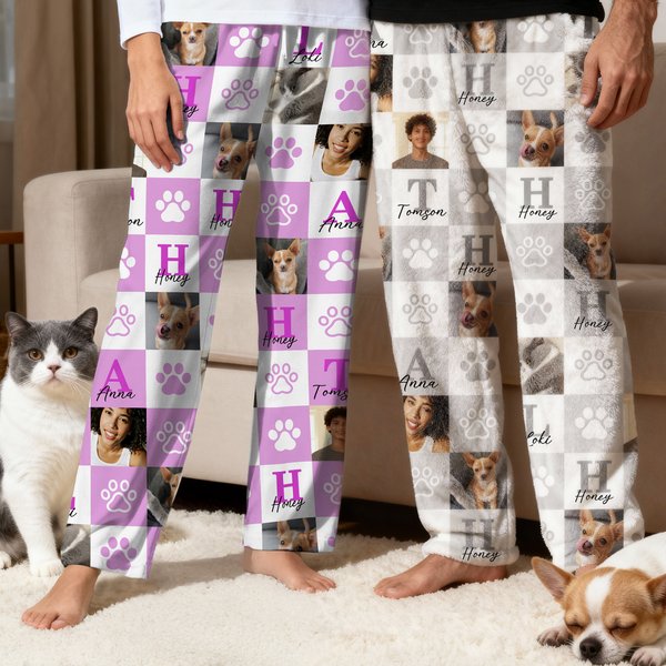 Personalized Paw Print 1-6 Photos Multicolor Plaid Women Men Pajama Pants with Initials and Names Party Birthday Gift for Pet Lovers Owners