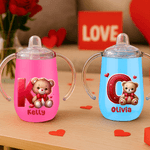 Spersonalizowany termiczny kubek niekapek Cute Heart Bear 10 uncji z imieniem i inicjałem Urodzinowy prezent walentynkowy dla dzieci