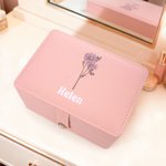 Personlig dobbeltlags fødselsblomst PU lær smykkeskrin med navn sminkespeil bursdag Valentinsdag gave til kvinner jenter