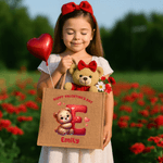 Personalized Cute Bear Heart Jute Tote Bag with Name and Initial Daily Use Valentine's Day Gift for Kids Children