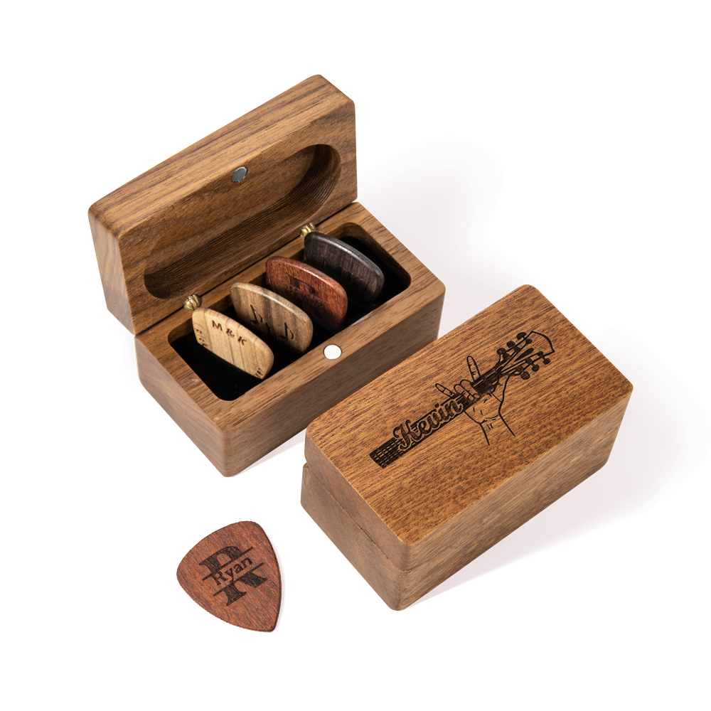 Personalisierte Holz Magnet Aufbewahrungsbox mit Plektren graviertem Text und Symbol Geburtstag Geschenk für Musiker Gitarrist