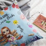 Personalised Cartoon Reading Character Birth Flower Soft Cushion Cover with Name and Quote Home Decor Birthday Gift for Women Girls