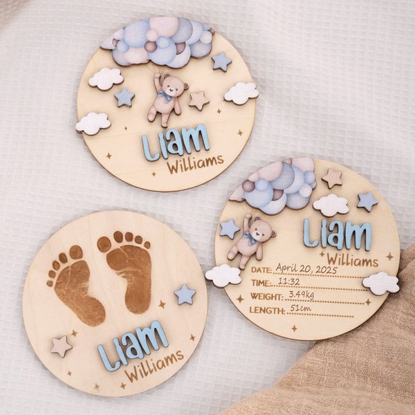 Personalised Teddy Bear Footprints Wooden Baby Announcement Sign with Name and Birth Stats Baby Shower Gift for Newborns Expectant Parents