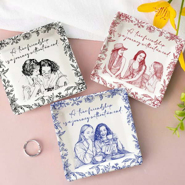 Personalised Retro Floral Bird Pen Drawing Style Photo Ceramic Trinket Jewellery Dish with Text Mother's Day Birthday Gift for Friends Moms Bridesmaids